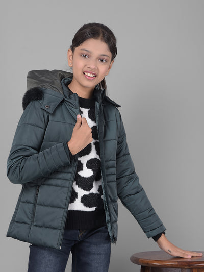 Green Padded Jacket With Hood-Girls Jackets-Crimsoune Club