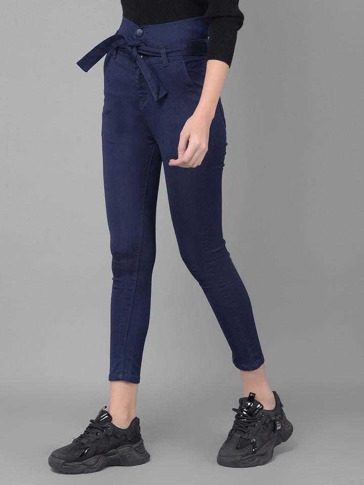 Navy Blue High Waist Jeans With Belt-Women Jeans-Crimsoune Club