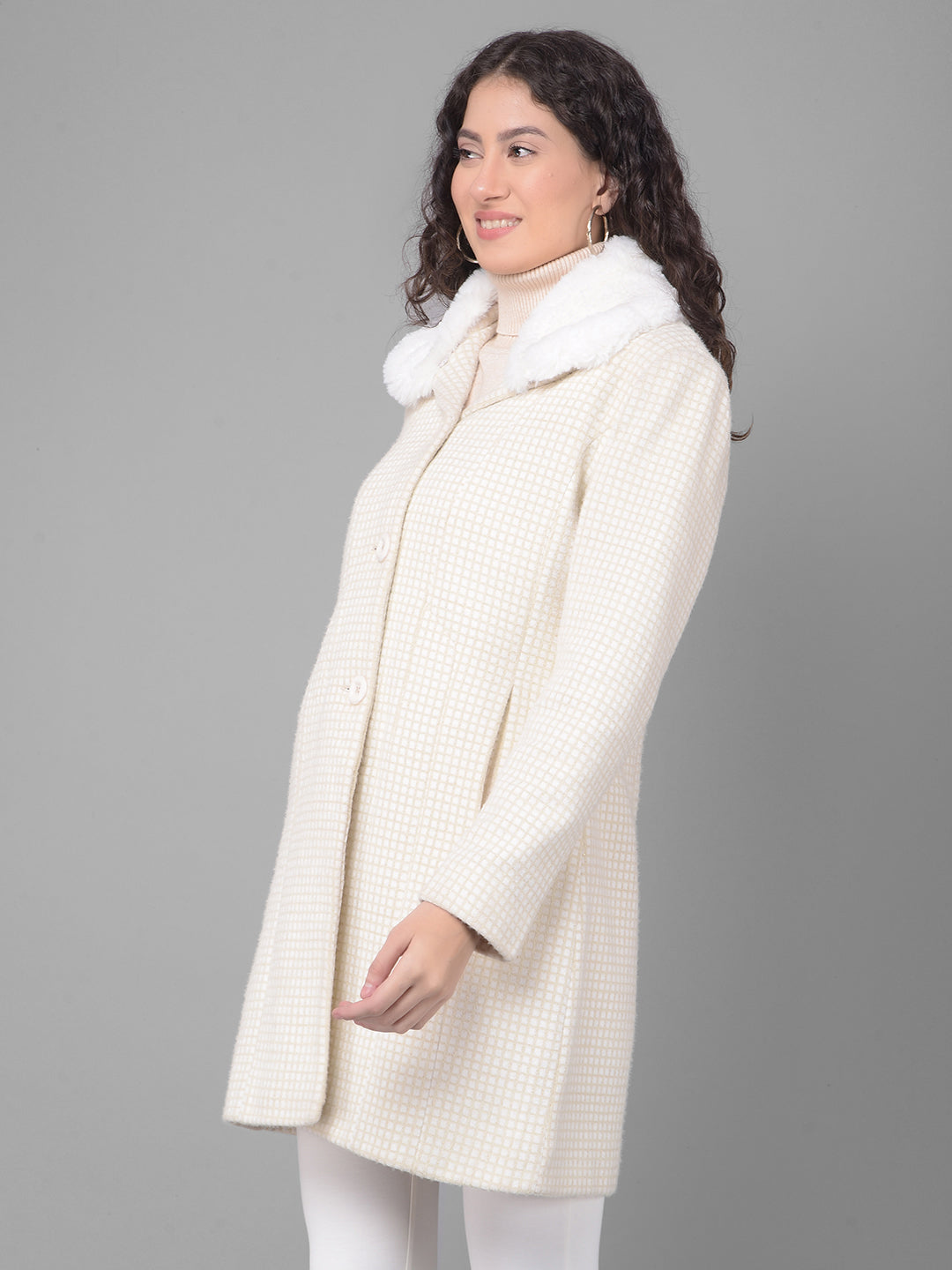 Beige Checked Overcoat-Women Coats-Crimsoune Club