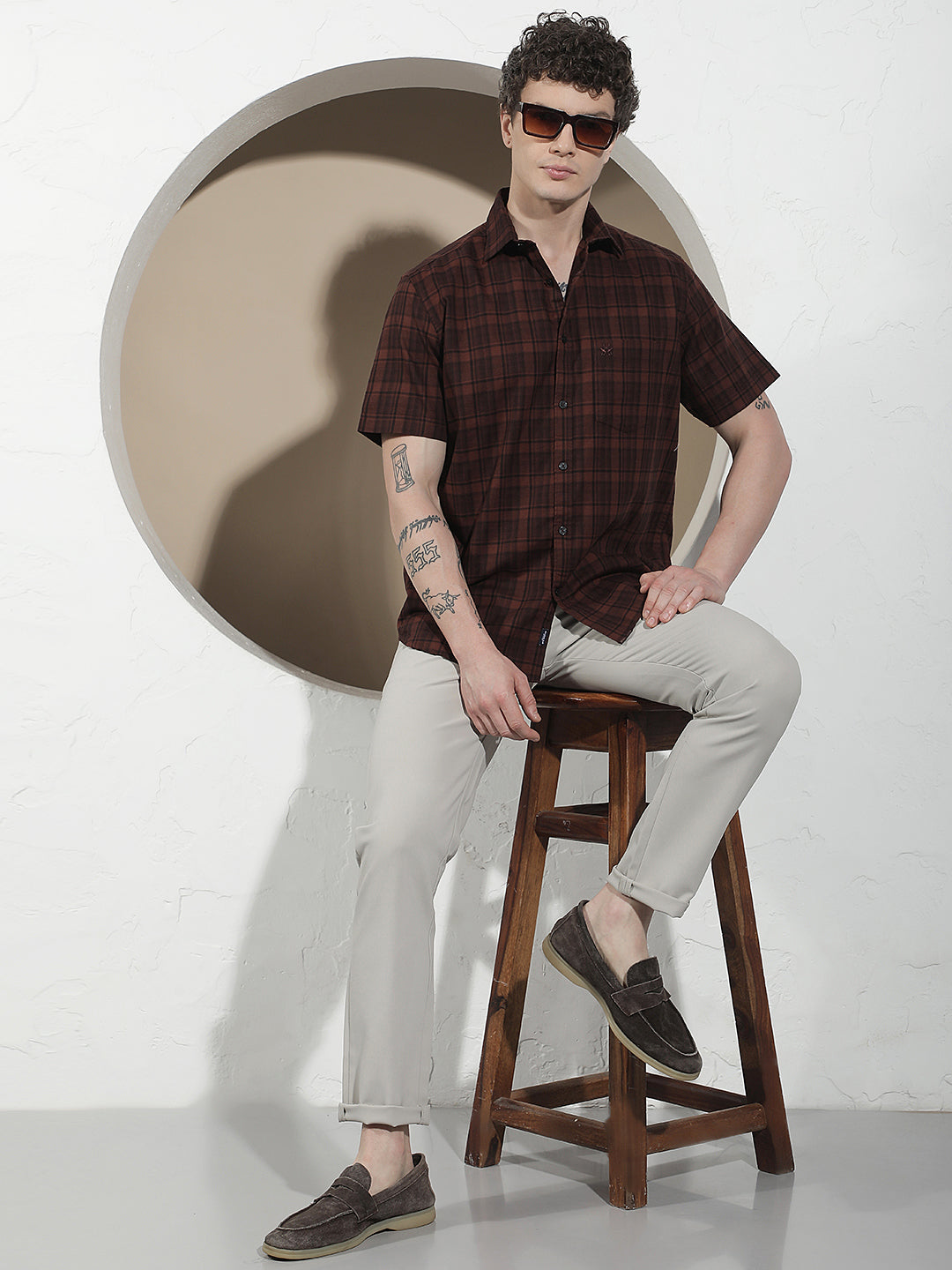 Brown Checked 100% Cotton Shirt-Men Shirts-Crimsoune Club