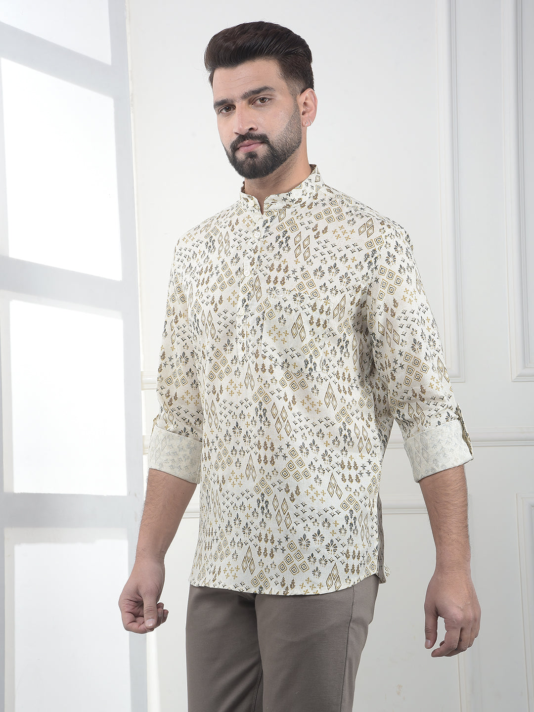 Beige Floral Printed Linen Kurta-Men Kurtas-Crimsoune Club