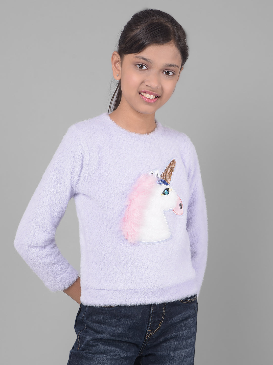 Purple Printed Faux Fur Sweatshirt-Girls Sweatshirts-Crimsoune Club