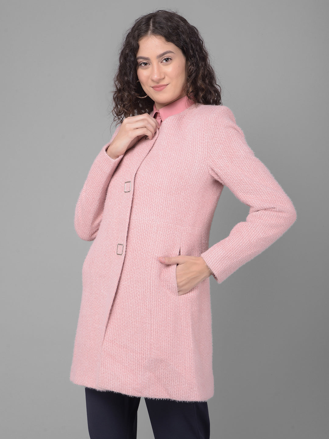 Pink Round Neck Overcoat-Women Coats-Crimsoune Club