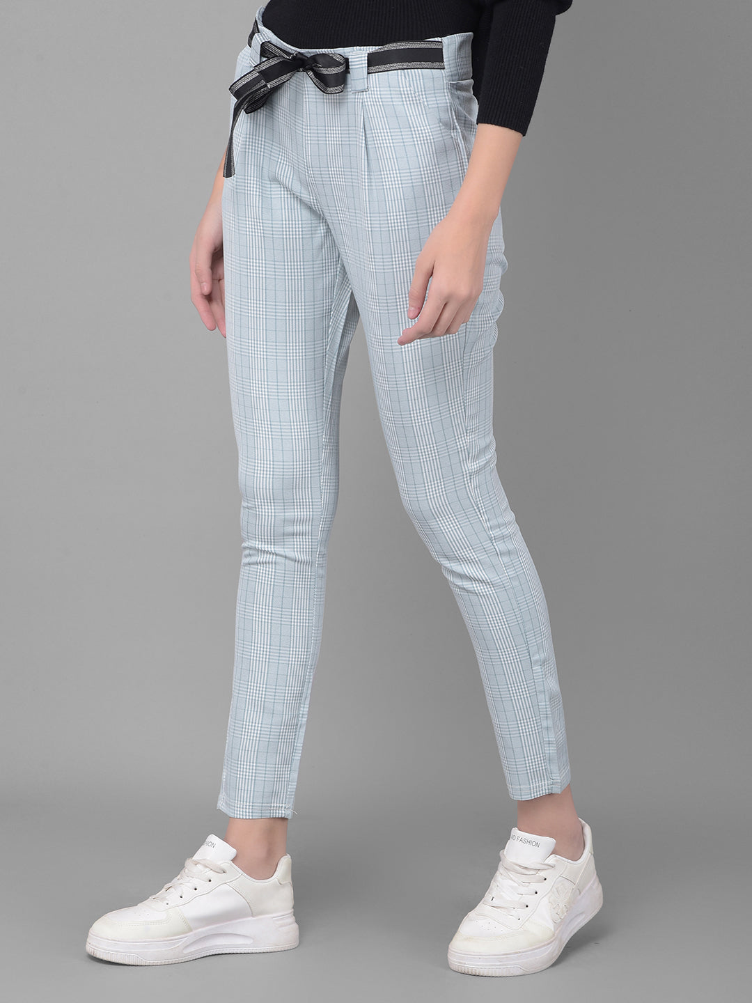 Blue Printed Trousers With Belt-Women Trousers-Crimsoune Club