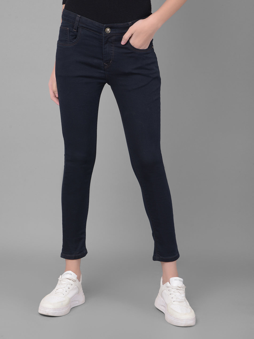 Navy Blue Cropped Skinny Jeans-Women Jeans-Crimsoune Club