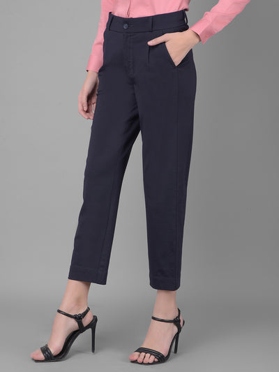 Navy Blue Pleated Straight Trousers-Women Trousers-Crimsoune Club