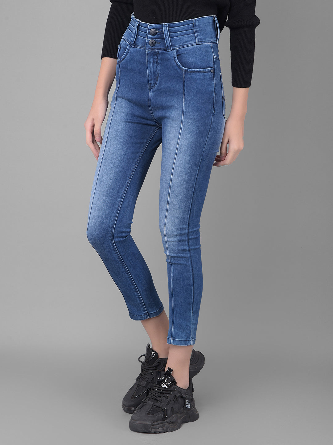 Navy Blue Light Fade High Waist Jeans-Women Jeans-Crimsoune Club