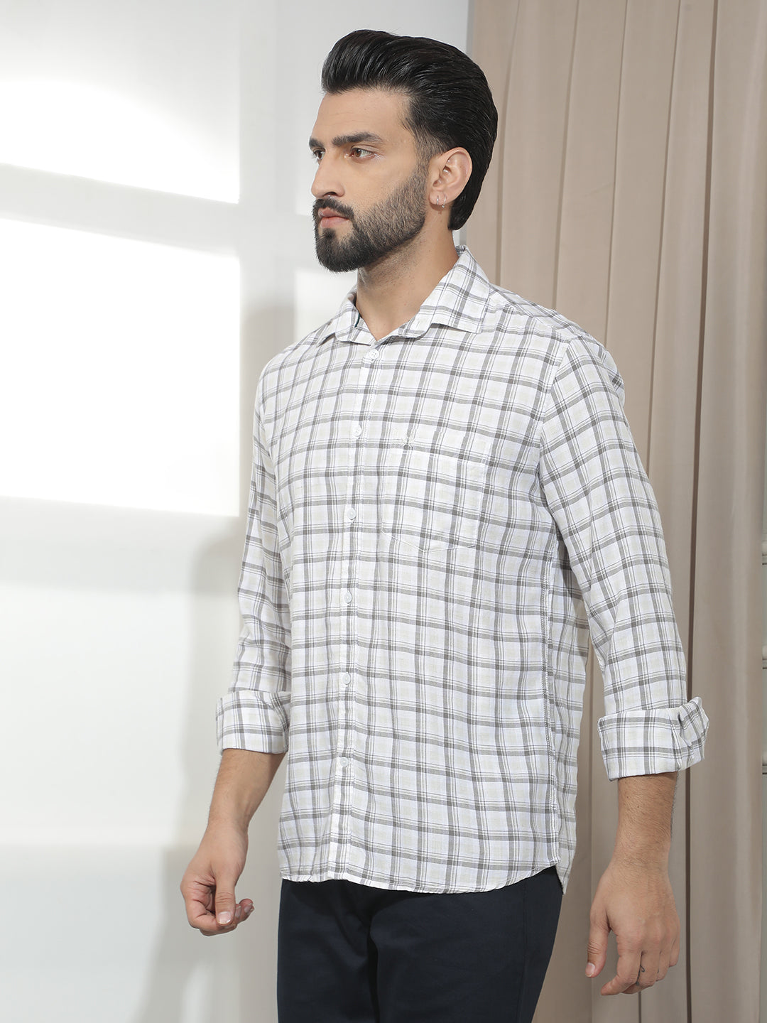 Grey Linen Checked Shirt-Men Shirts-Crimsoune Club