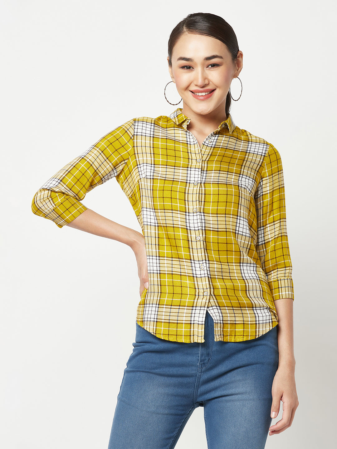 Mustard Checked Shirt-Women Shirts-Crimsoune Club