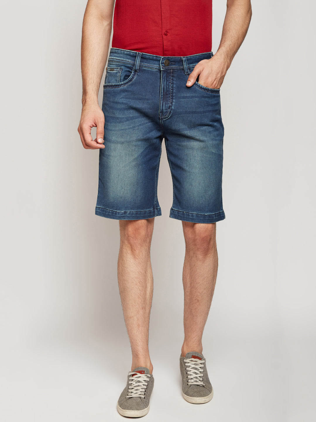 Blue Solid Denim Shorts-Men Shorts-Crimsoune Club