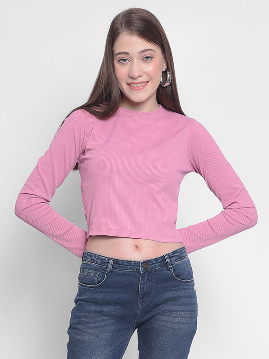 Pink Crop Length Long Sleeved T-Shirt-Women T-shirts-Crimsoune Club