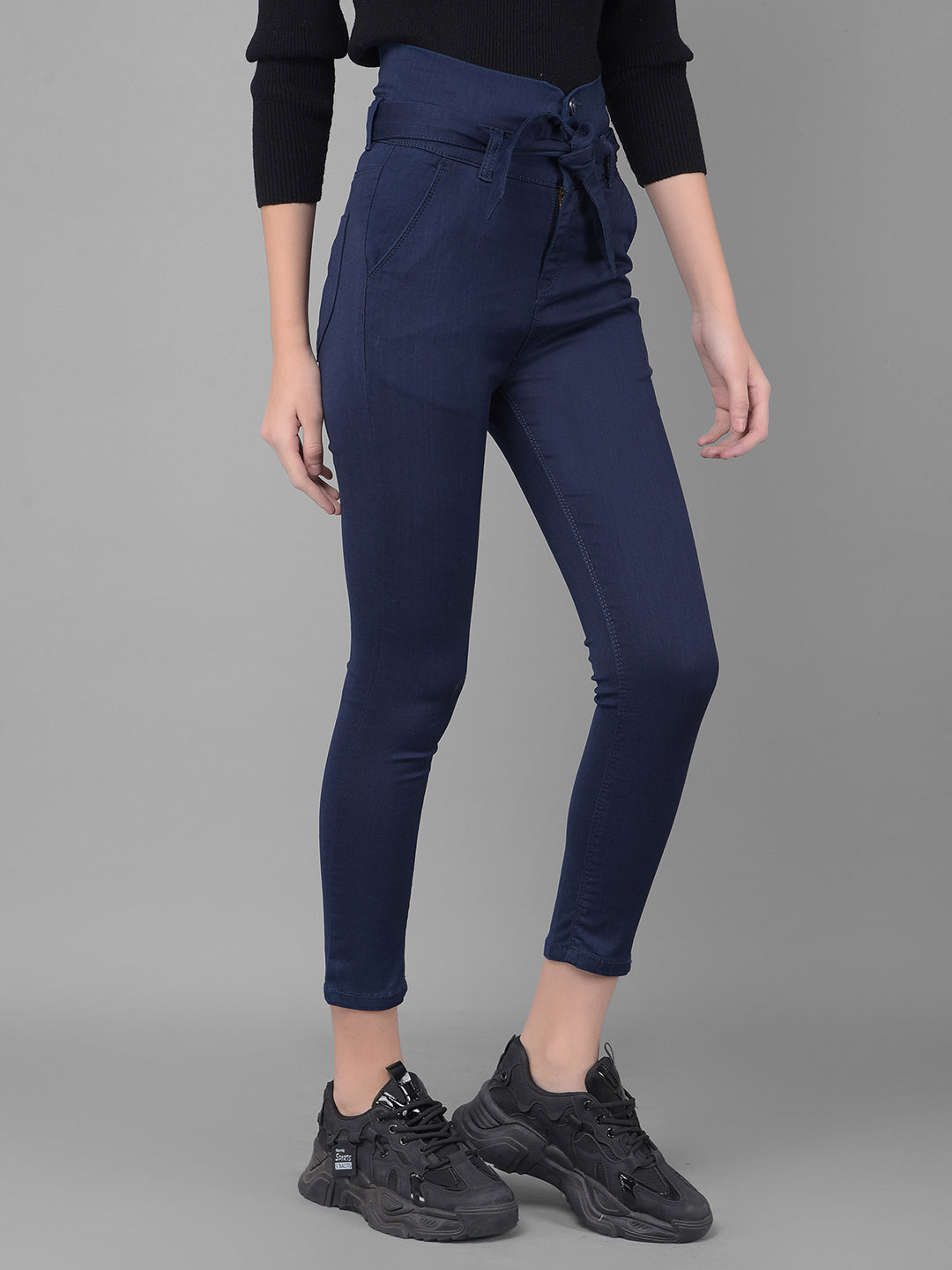 Navy Blue High Waist Jeans With Belt-Women Jeans-Crimsoune Club