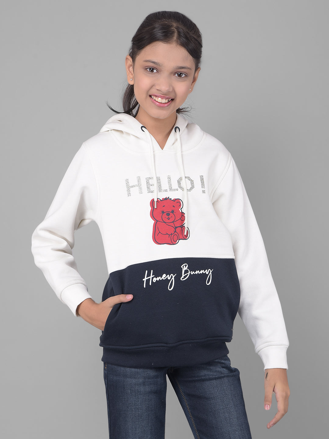 White Printed Hooded Sweatshirt-Girls Sweatshirts-Crimsoune Club