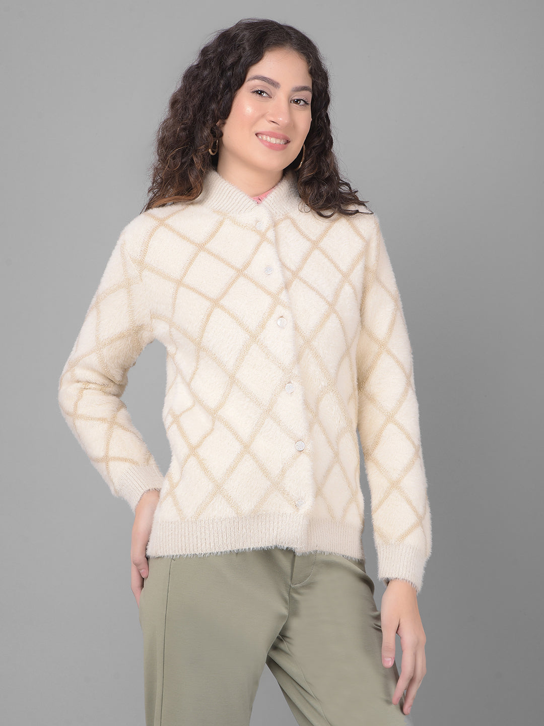 Cream Printed Cardigan-Women Sweaters-Crimsoune Club