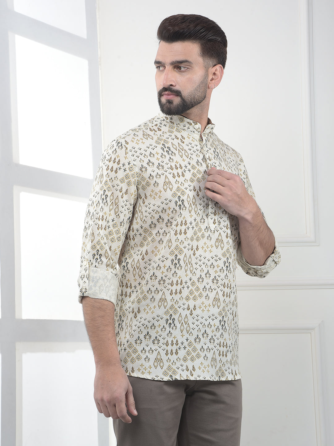 Beige Floral Printed Linen Kurta-Men Kurtas-Crimsoune Club