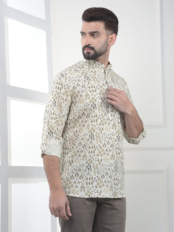 Beige Floral Printed Linen Kurta-Men Kurtas-Crimsoune Club