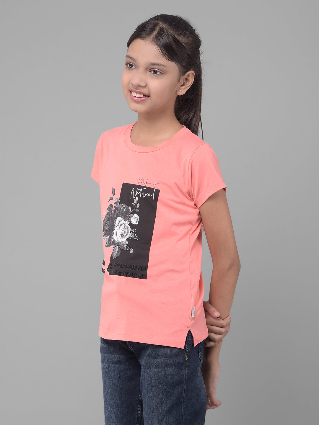 Peach Printed T-Shirt-Girls T-shirts-Crimsoune Club