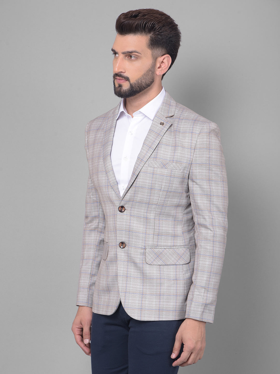 Beige Checked Blazer-Men Blazers-Crimsoune Club