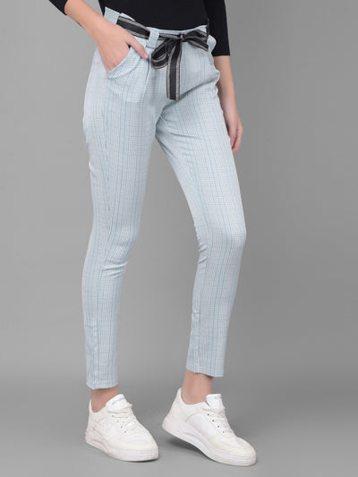 Blue Printed Trousers With Belt-Women Trousers-Crimsoune Club