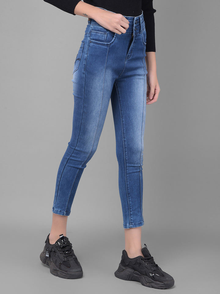 Navy Blue Light Fade High Waist Jeans-Women Jeans-Crimsoune Club