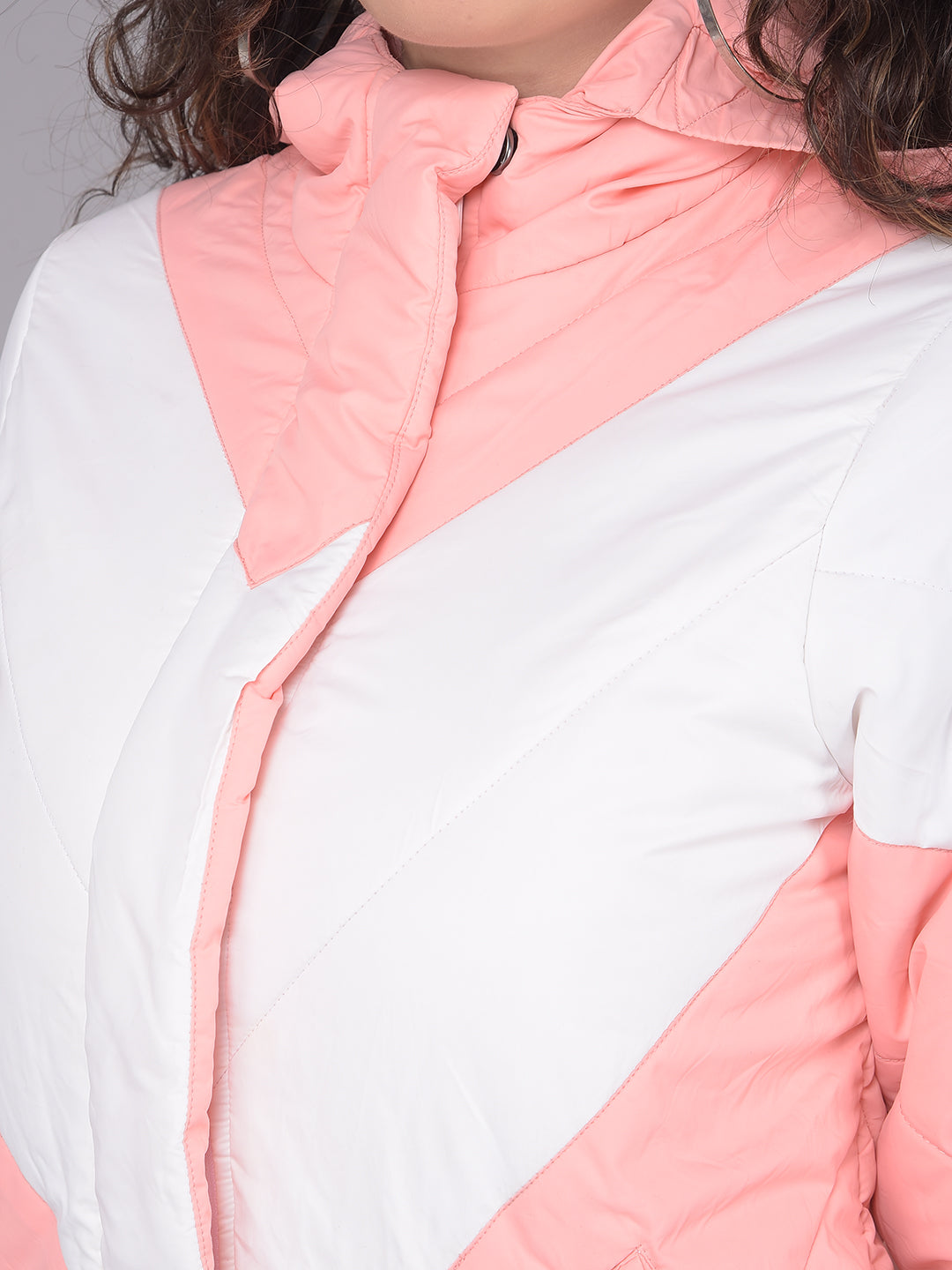 Peach Colourblocked Puffer Jacket With Hood-Women Jackets-Crimsoune Club
