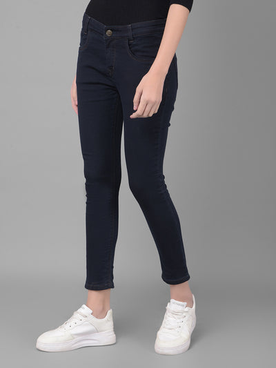 Navy Blue Cropped Skinny Jeans-Women Jeans-Crimsoune Club