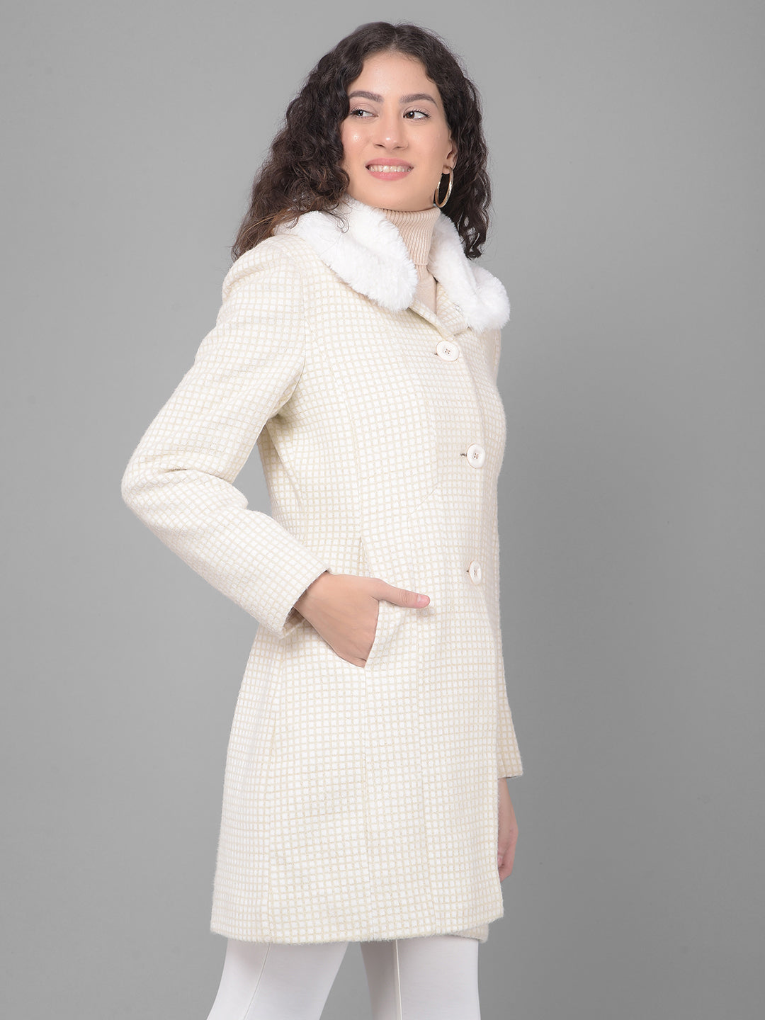 Beige Checked Overcoat-Women Coats-Crimsoune Club