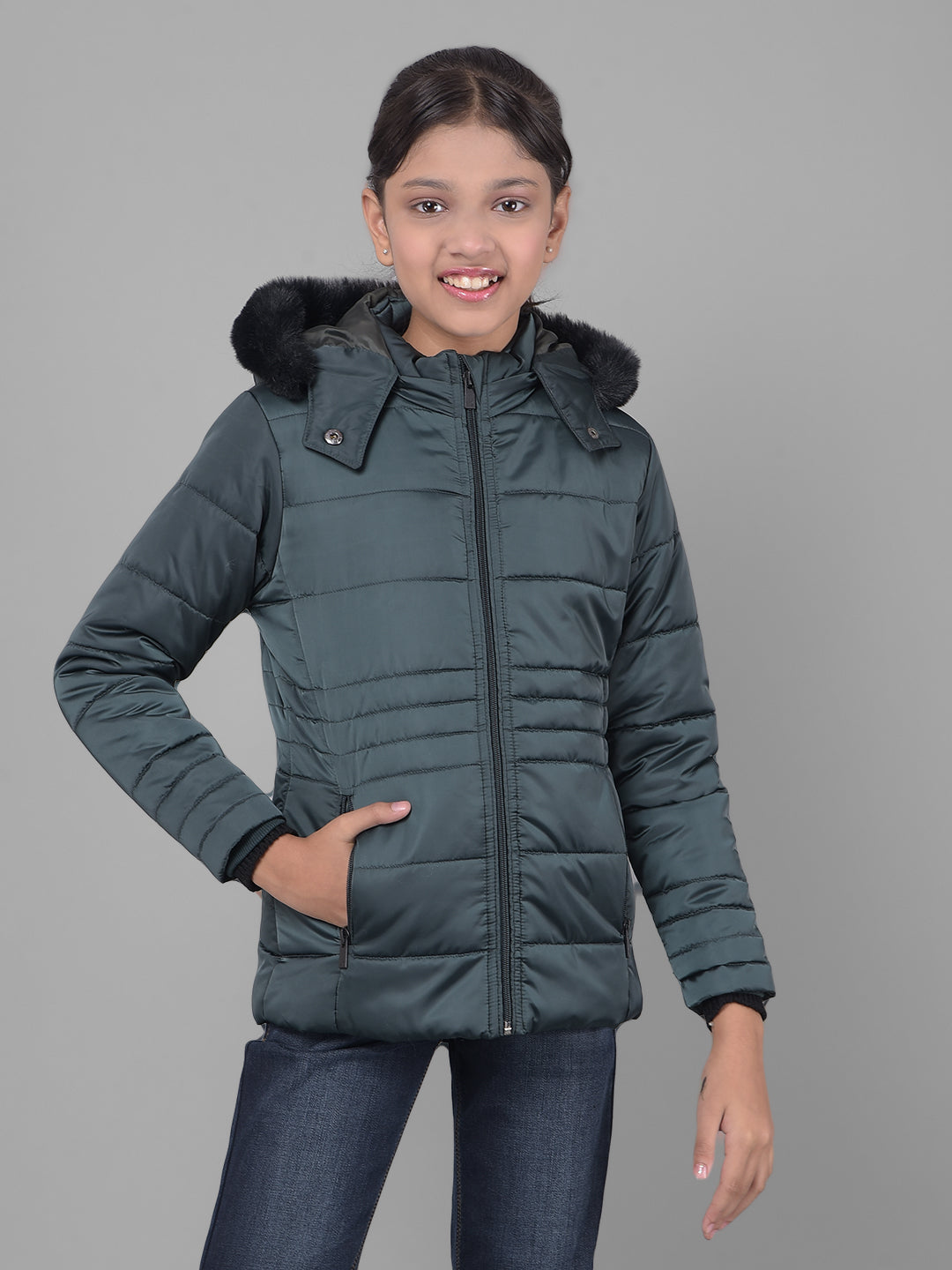 Green Padded Jacket With Hood-Girls Jackets-Crimsoune Club