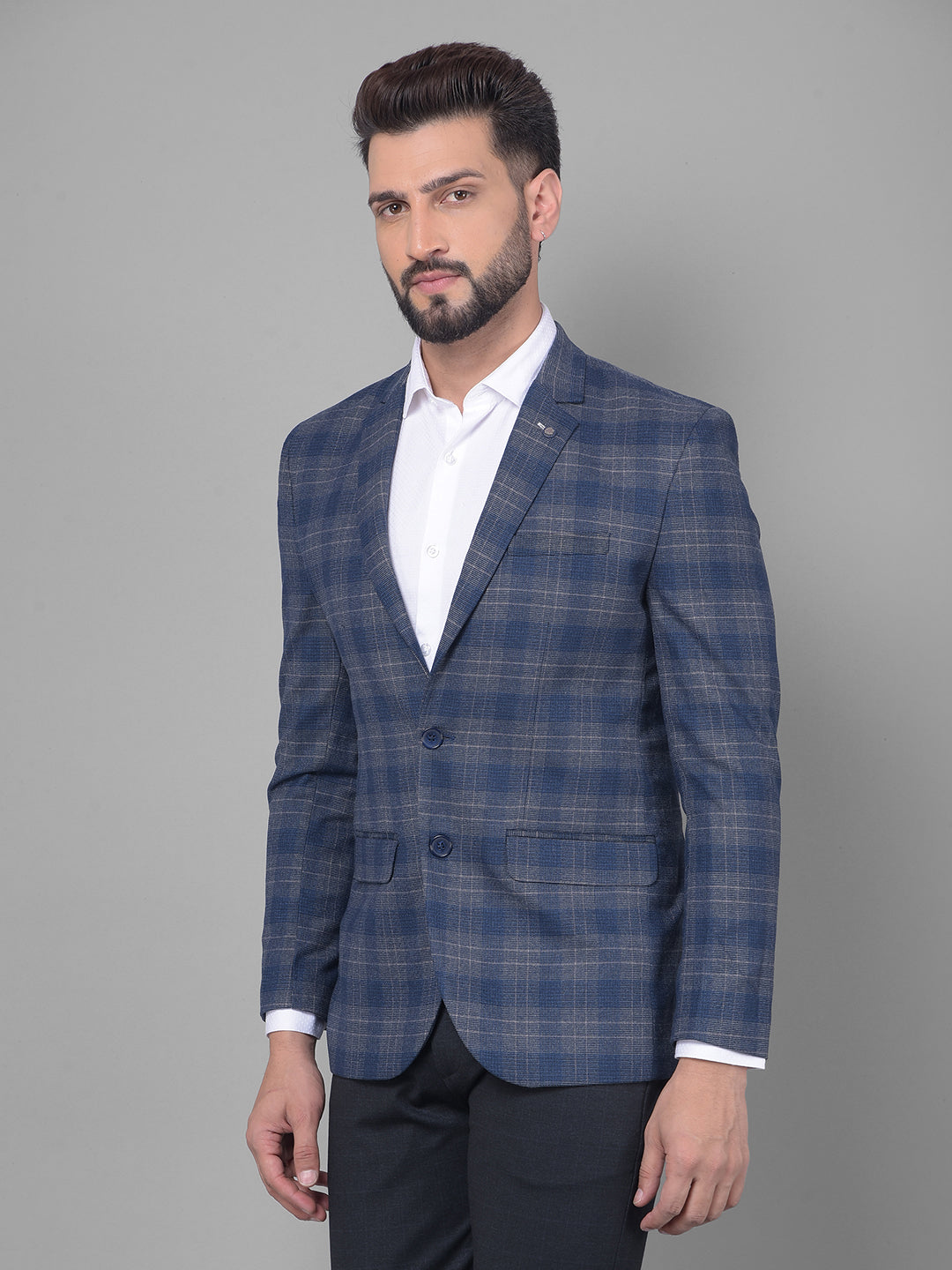 Navy Blue Checked Blazer-Men Blazers-Crimsoune Club