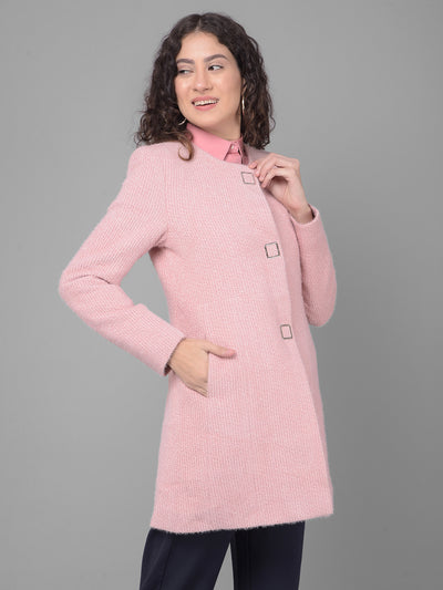 Pink Round Neck Overcoat-Women Coats-Crimsoune Club