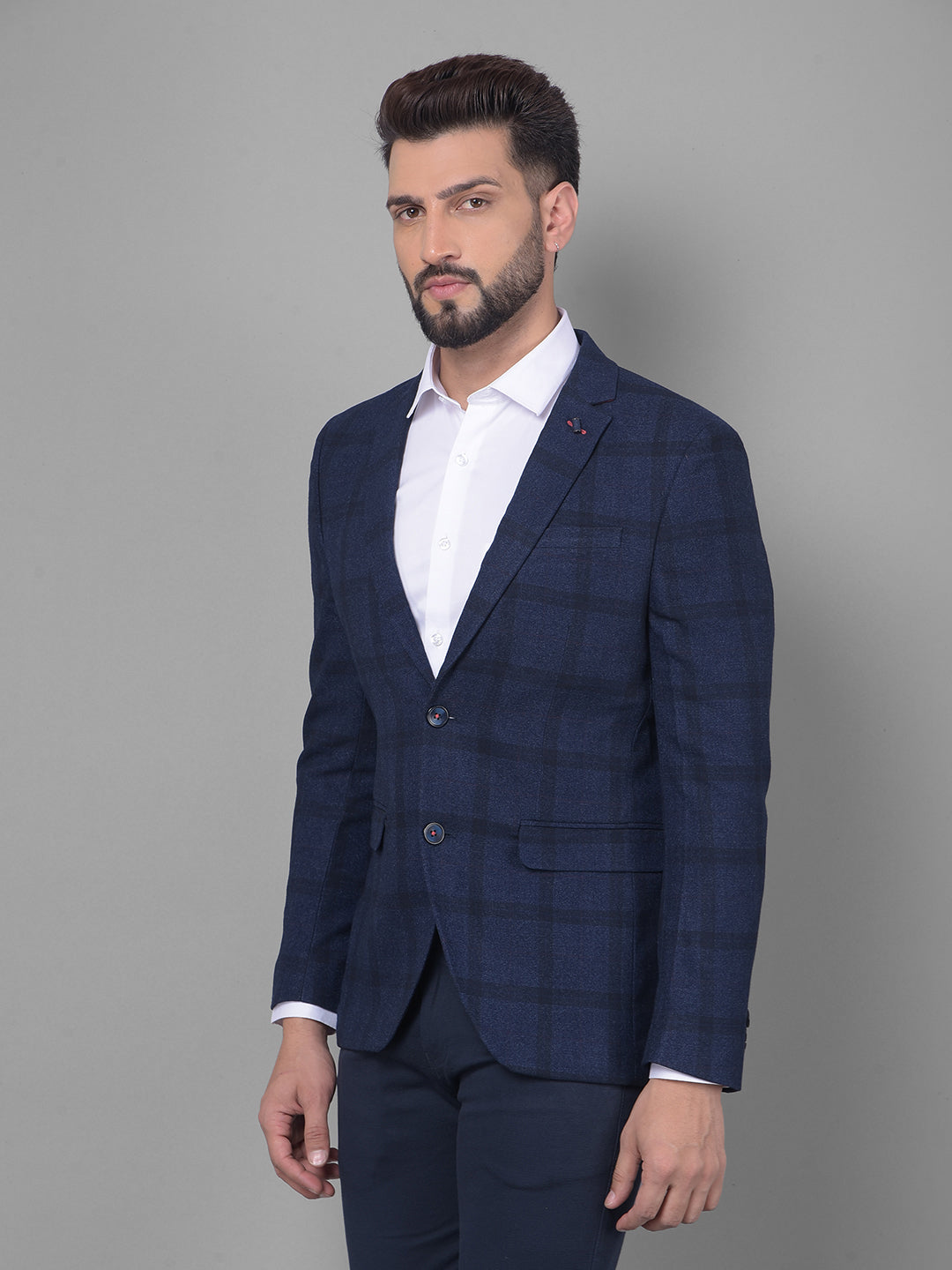 Navy Blue Checked Blazer-Men Blazers-Crimsoune Club