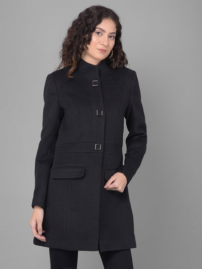 Black Mandarin Collar Overcoat-Women Coats-Crimsoune Club