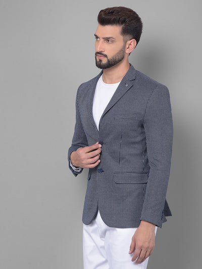 Navy Blue Striped Blazer-Men Blazers-Crimsoune Club