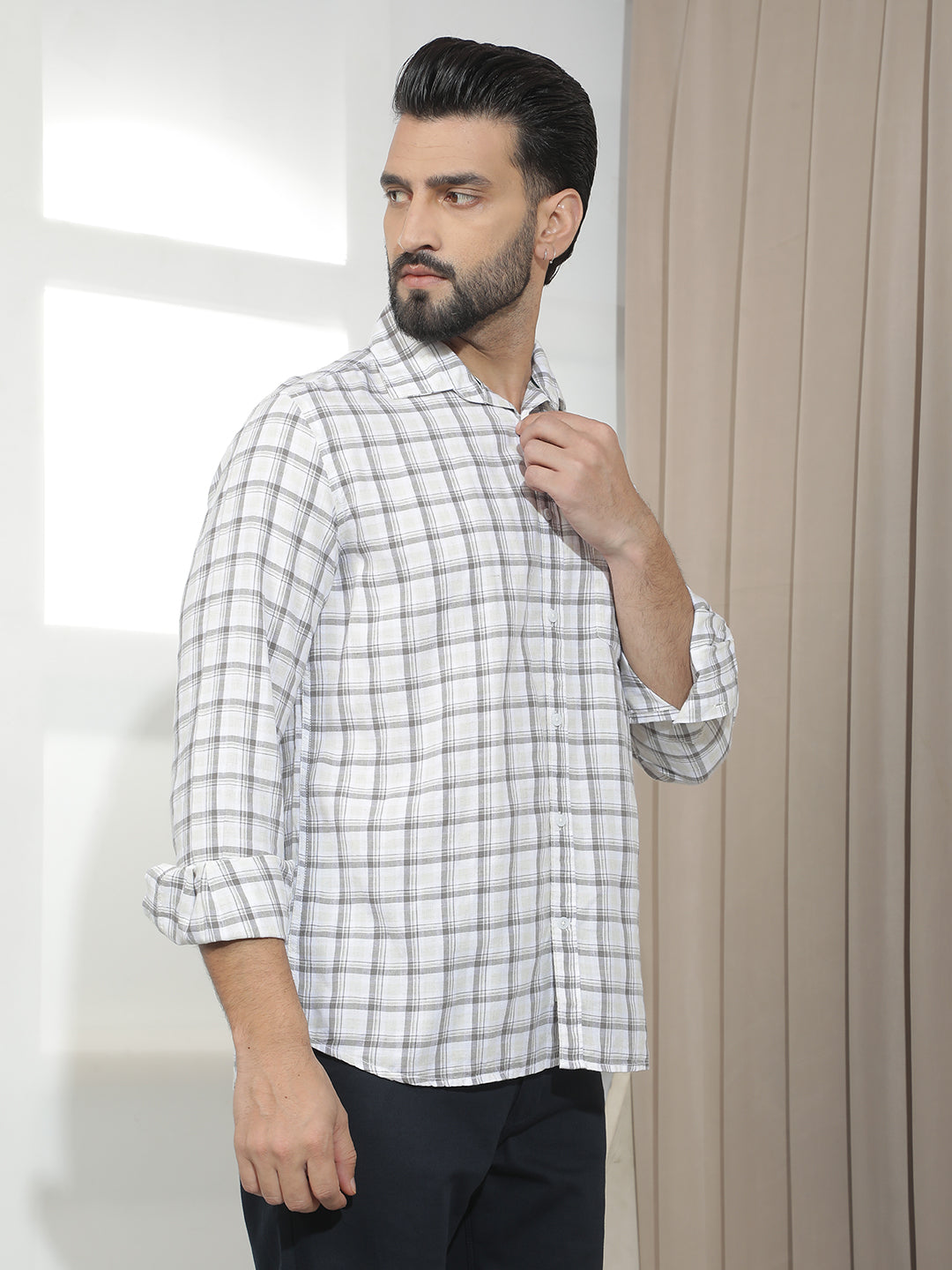 Grey Linen Checked Shirt-Men Shirts-Crimsoune Club