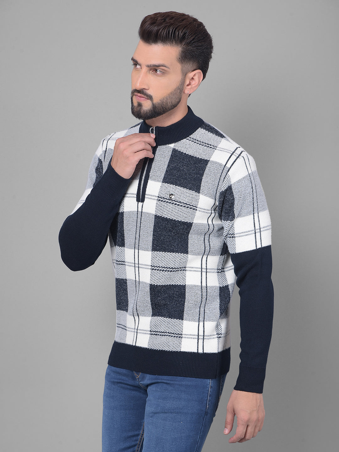 Navy Blue Checked Sweater-Men Sweaters-Crimsoune Club