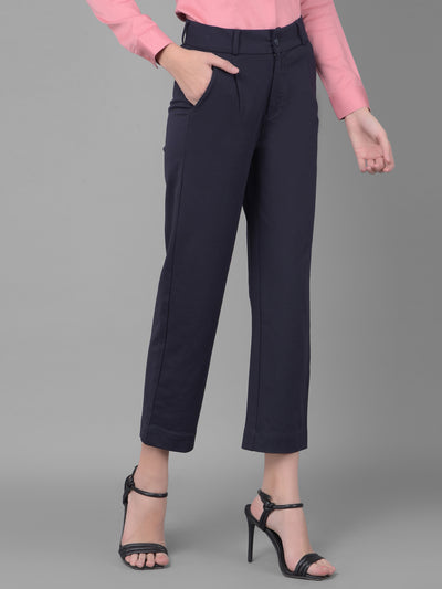 Navy Blue Pleated Straight Trousers-Women Trousers-Crimsoune Club