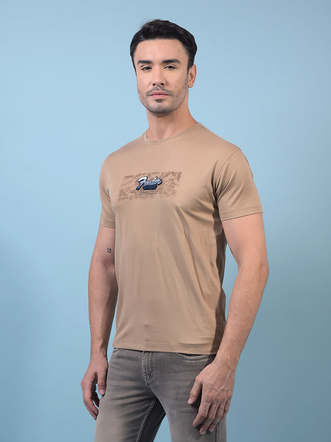Beige Graphic Print T-Shirt-Men T-Shirts-Crimsoune Club