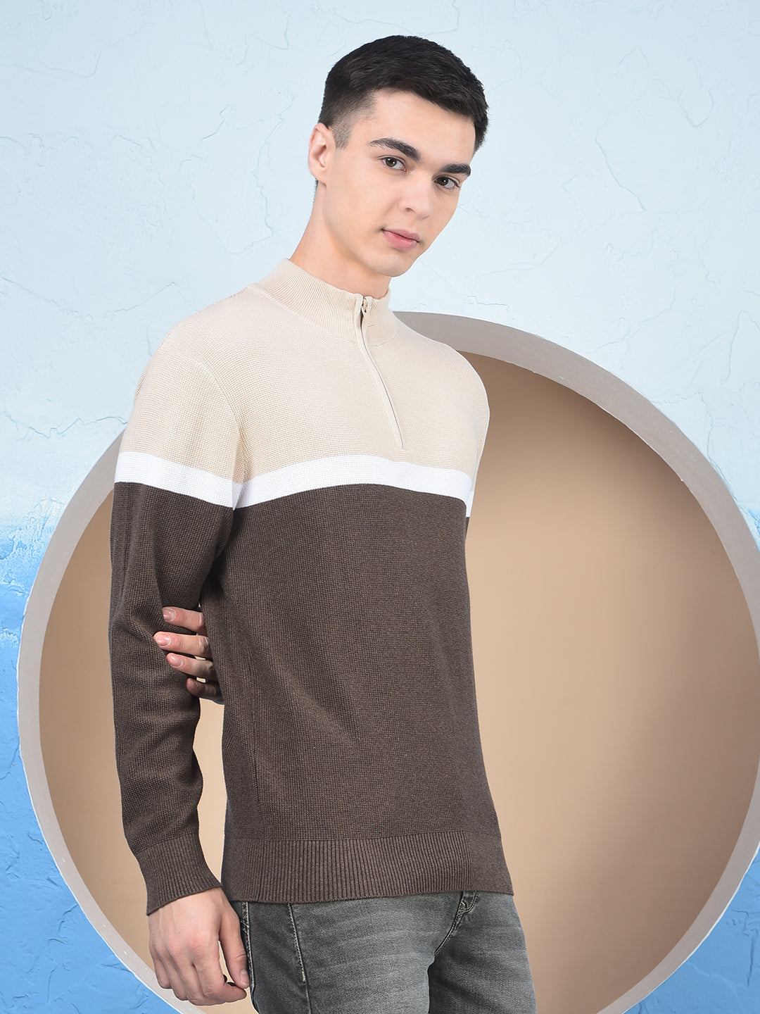 Beige Color-Block 100% Cotton Knitted Sweater-Men Sweaters-Crimsoune Club