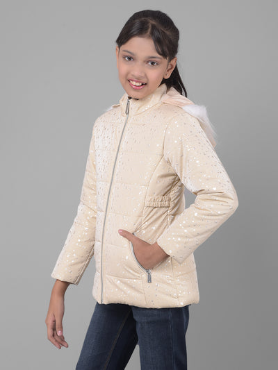 Cream Printed Puffer Jacket With Hood-Girls Jackets-Crimsoune Club