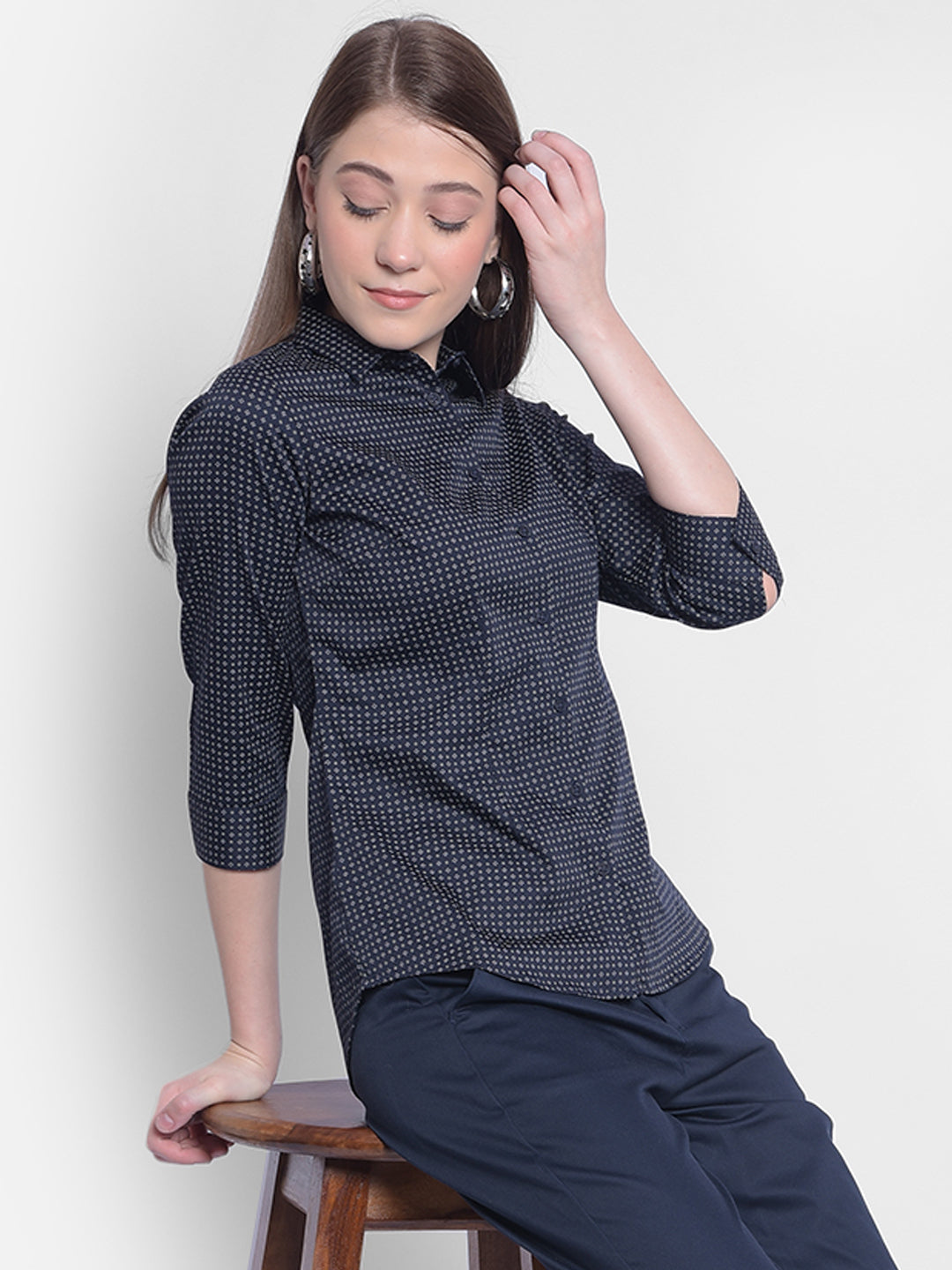 Navy Blue Printed Shirt-Women Shirts-Crimsoune Club