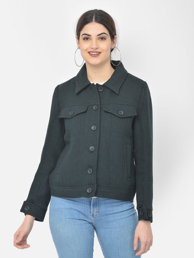 Deep Green Casual Winter Coat-Women Blazers-Crimsoune Club