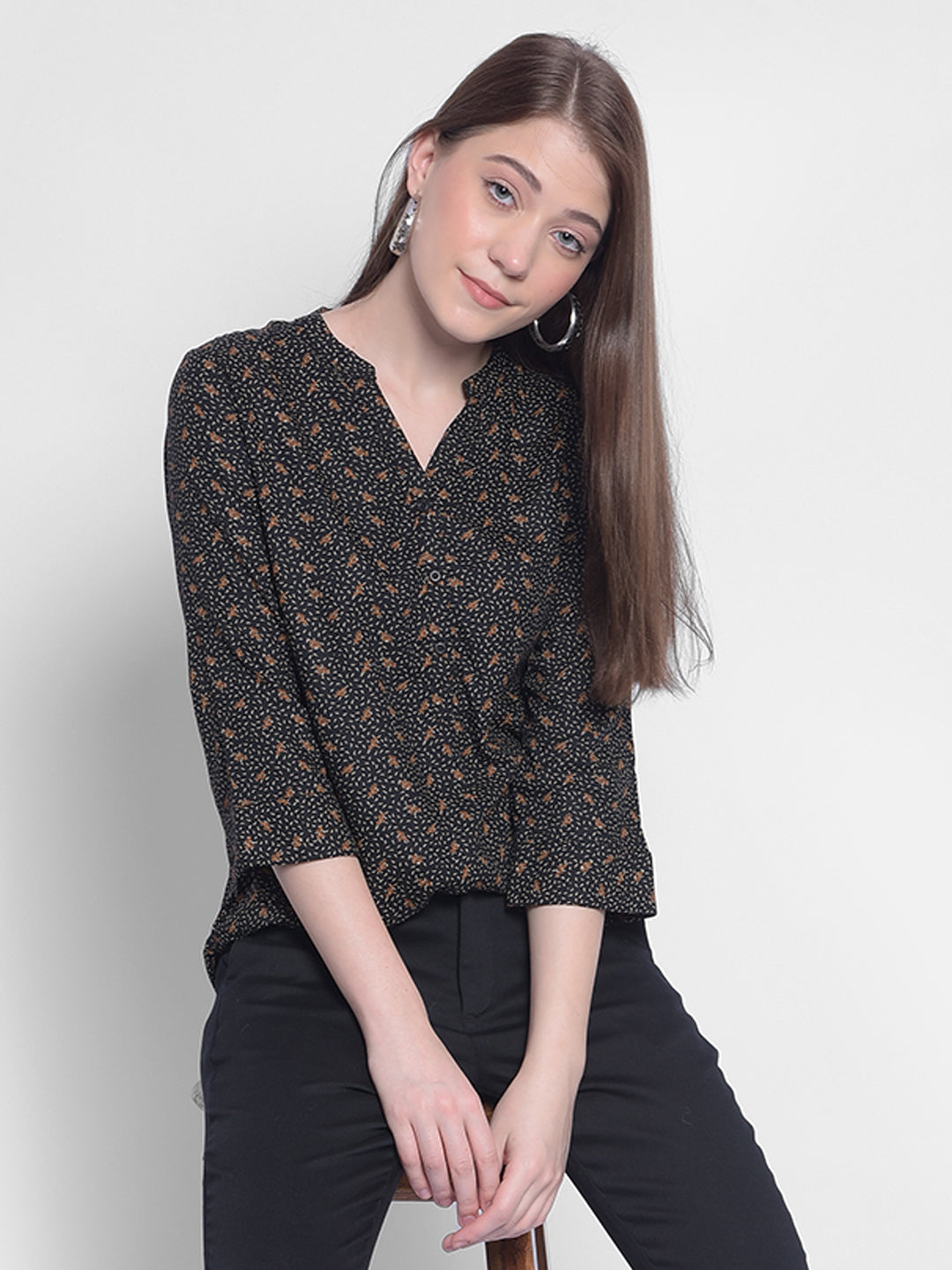 Black Printed Top-Women Tops-Crimsoune Club