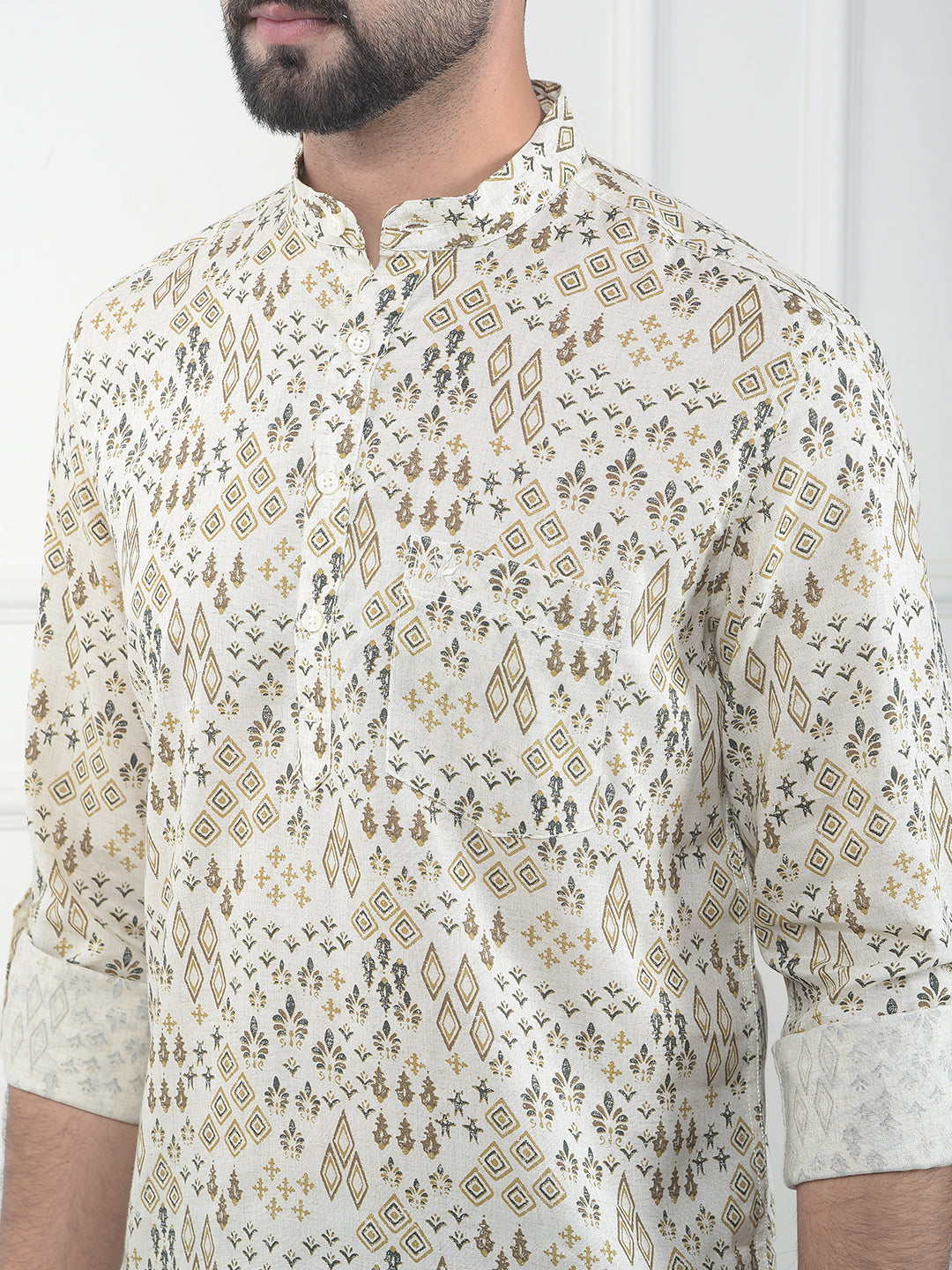 Beige Floral Printed Linen Kurta-Men Kurtas-Crimsoune Club