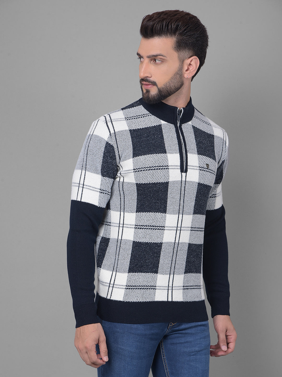 Navy Blue Checked Sweater-Men Sweaters-Crimsoune Club