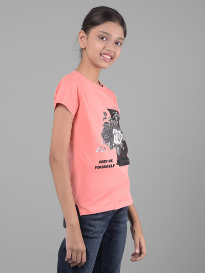 Peach Printed T-Shirt-Girls T-shirts-Crimsoune Club