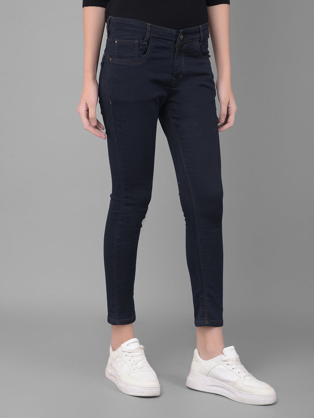 Navy Blue Cropped Skinny Jeans-Women Jeans-Crimsoune Club