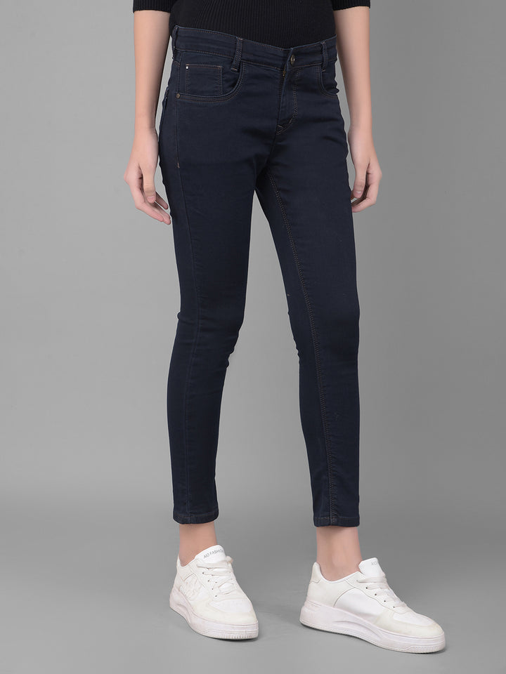 Navy Blue Cropped Skinny Jeans-Women Jeans-Crimsoune Club