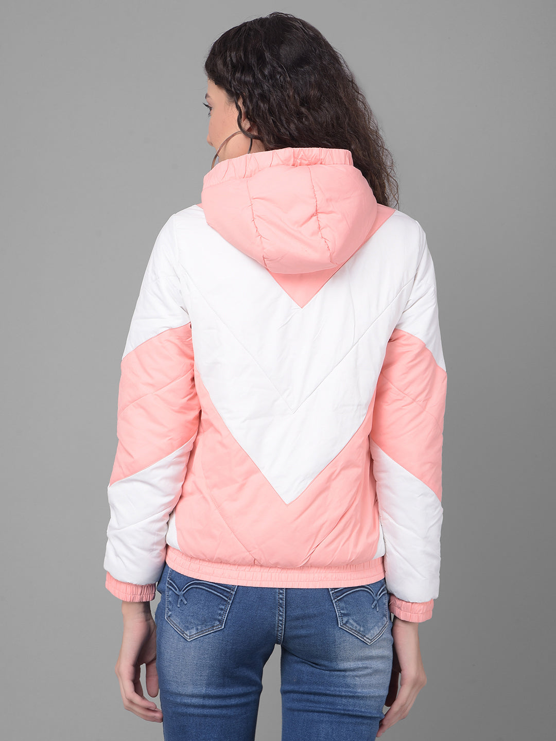 Peach Colourblocked Puffer Jacket With Hood-Women Jackets-Crimsoune Club