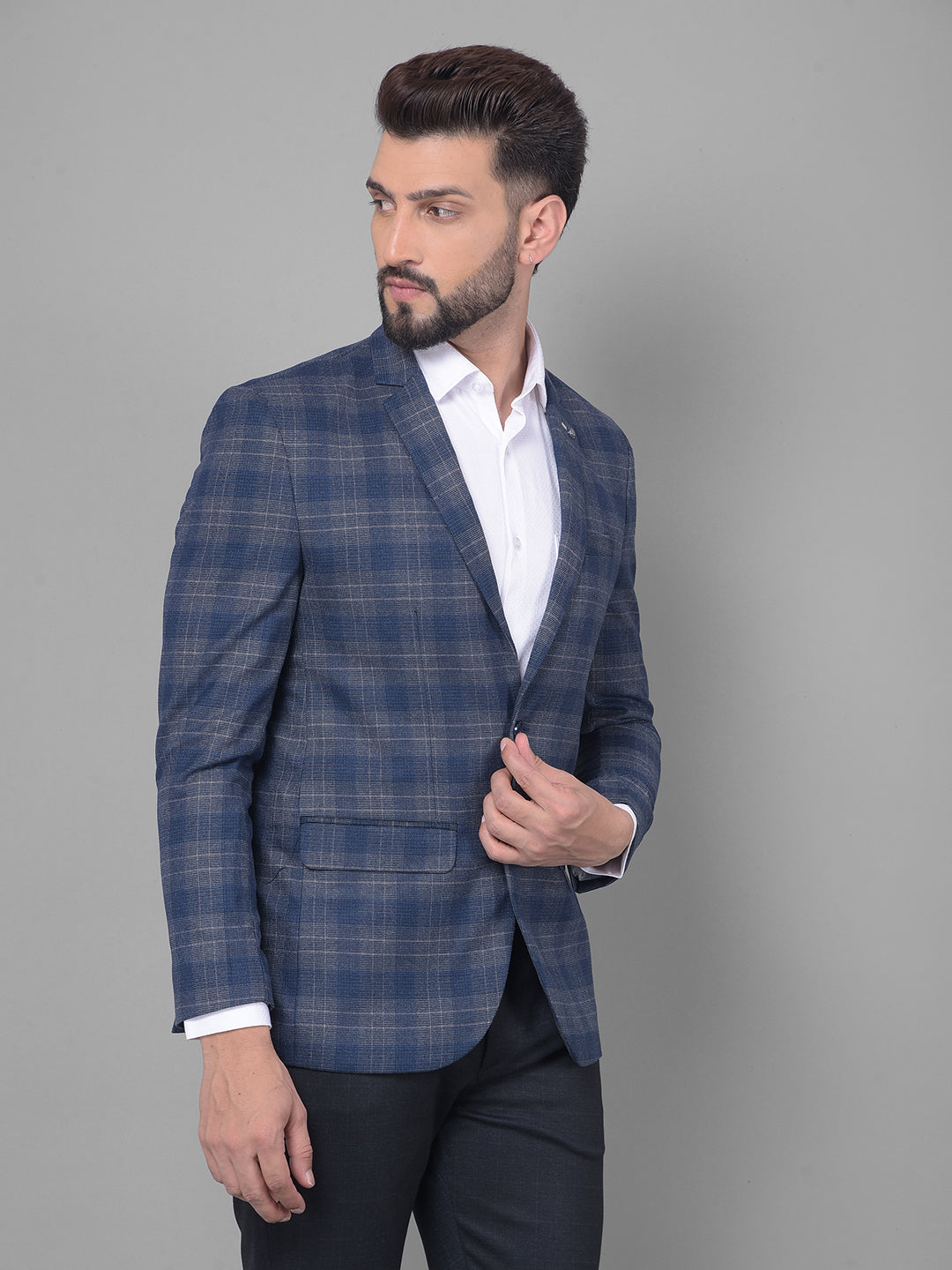 Navy Blue Checked Blazer-Men Blazers-Crimsoune Club