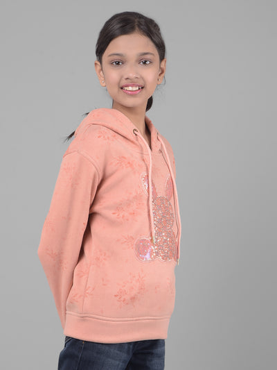 Peach Printed Sweatshirt With Hood-Girls Sweatshirts-Crimsoune Club